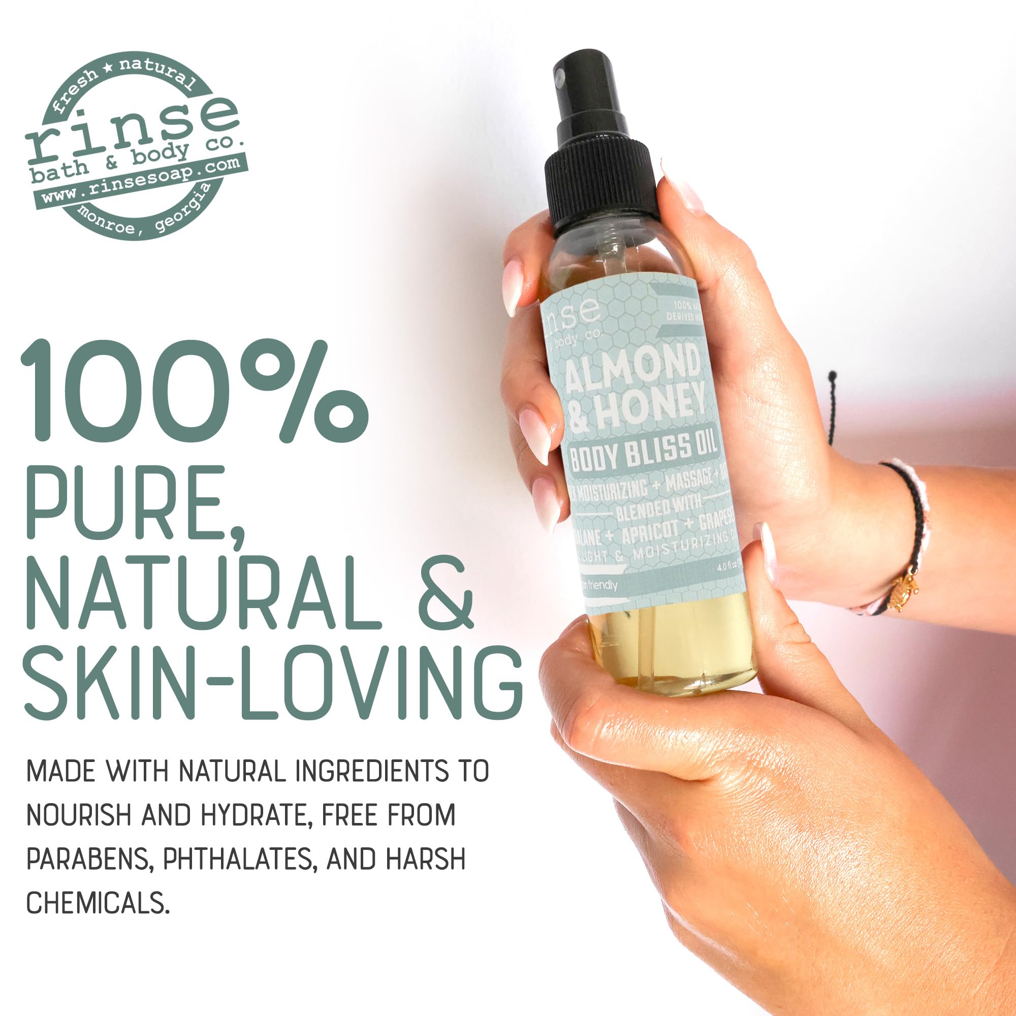 Rinse Bath & Body Almond & Honey Body Oil Moisturizer Spray - Natural, Light & Fast Absorbing | Squalane, Grapeseed & Apricot Oil | All Skin Types | Shower & Massage | Vitamin E | Handmade | 4floz