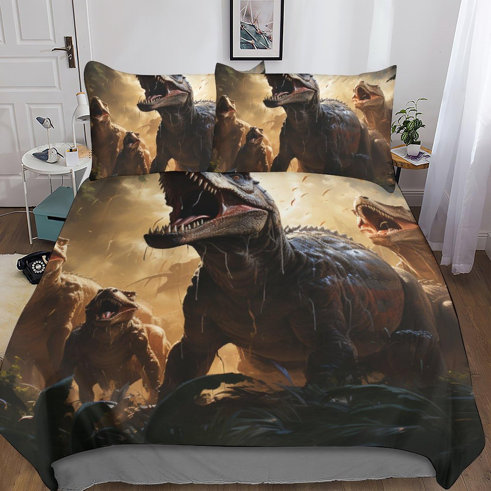 Housse de couette dinosaure rugissant en tissu microfibre doux sans repassage