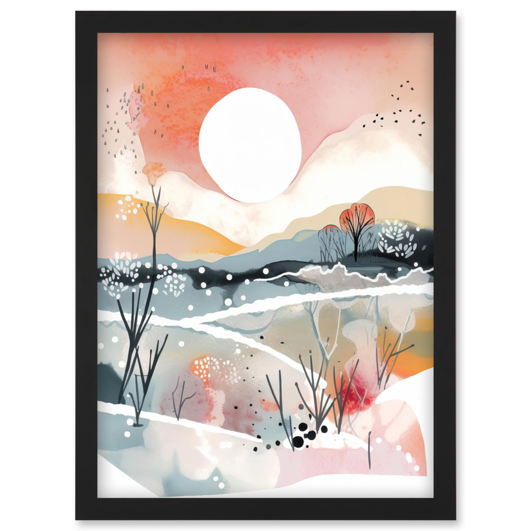 Artery8 Sunset in Winter Landscape Boho Modern Folk Art Artwork Framed Wall Art Print A4