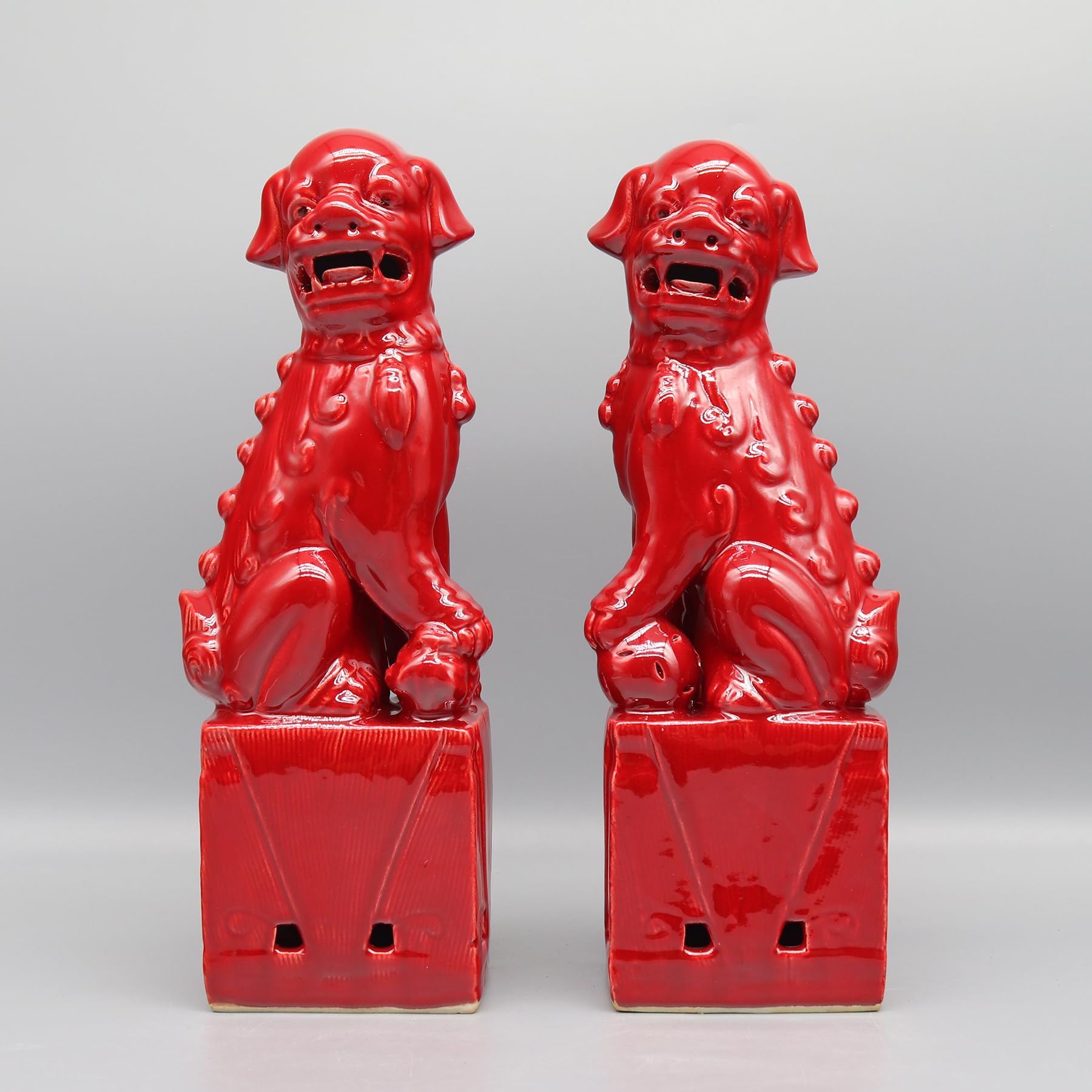 Eastern Tide Red Chinese Foo Dog Statues, Ceramic Guardian Lions, Traditional Temple Figurines, Set Of 2 (Red)