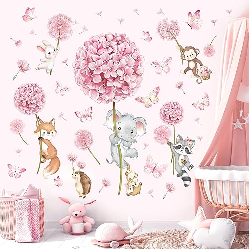 decalmile Calcomanías de pared de diente de león rosa con diseño de animales del bosque, elefante, zorro, mono, calcomanías de pared para guardería,