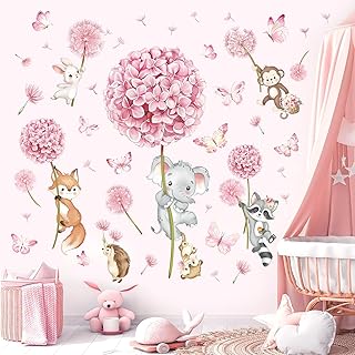 decalmile Animal Flower Pink Dandelion Wall Stickers Forest Animals Elep...