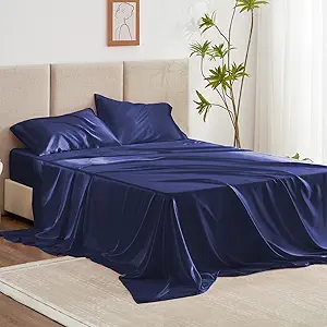 Love's cabin Twin XL Satin Sheet Sets - 3 Piece Navy Blue Silky Bed Sheets with Deep Pockets, Luxury Silk Feel Satin Sheet Set Twin XL (1 Flat Sheet,1 Fitted Sheet,1 Pillow case)