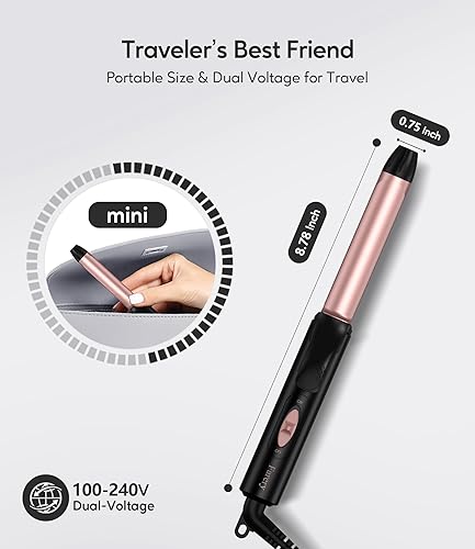 Miniatura 2 de FARERY Mini rizador de pelo de cerámica para cabello corto, rizador de viaje de 34 pulgadas de doble voltaje, mini rizador de tamaño de viaje con