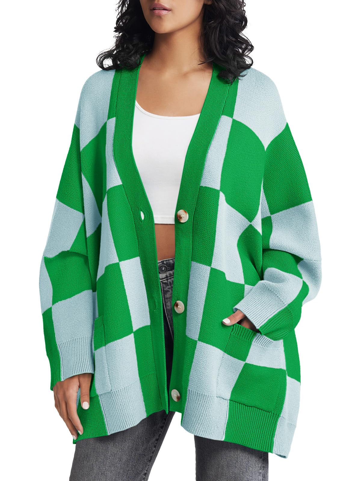 Saodimallsu Womens Checkered Sweater Color Block Plaid Oversized Cardigan Long Sleeve V Neck Button Down Knit Coats