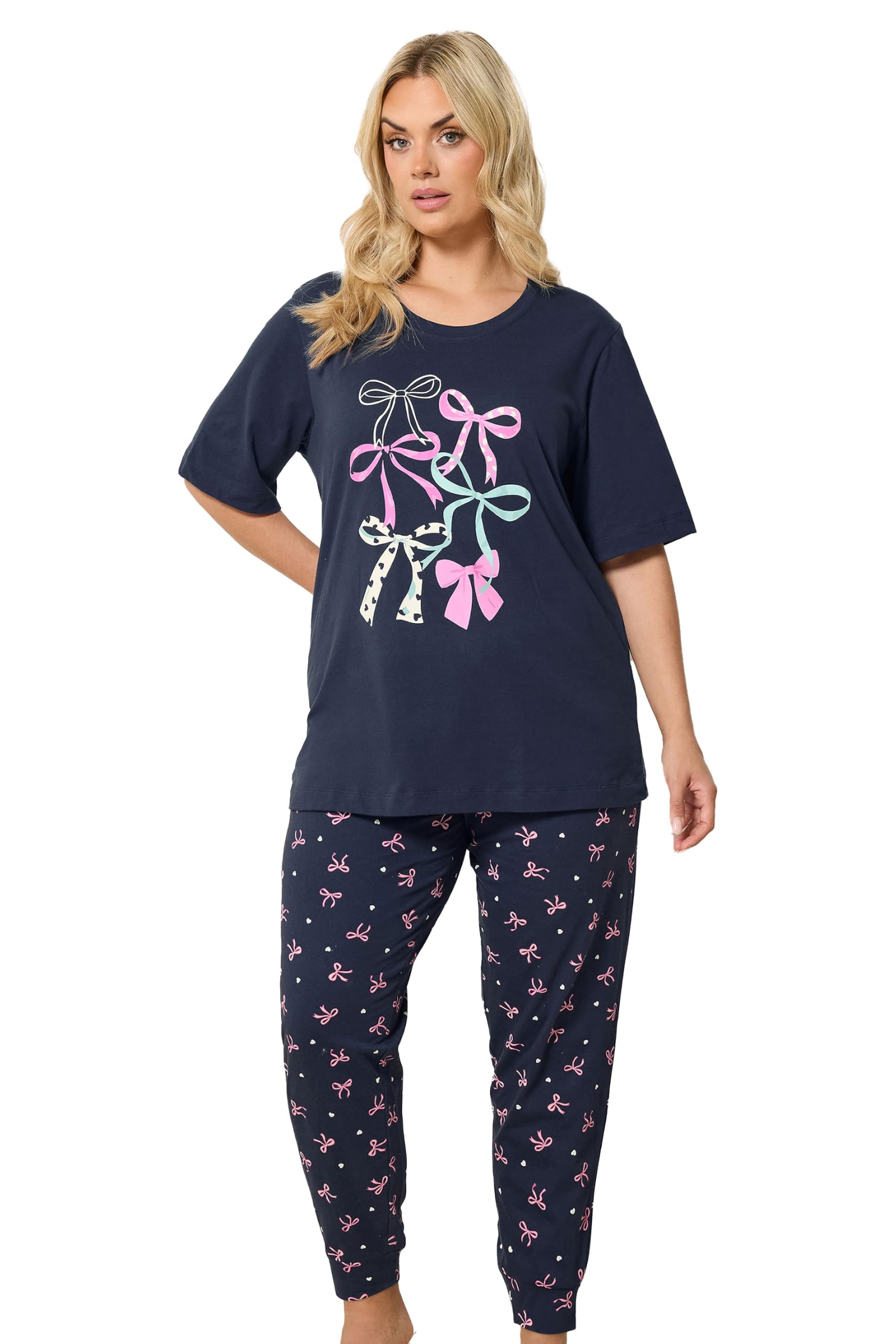 Yours Women's Navy Curve Blue Bow Print Pyjama Set - Plus Size Curve