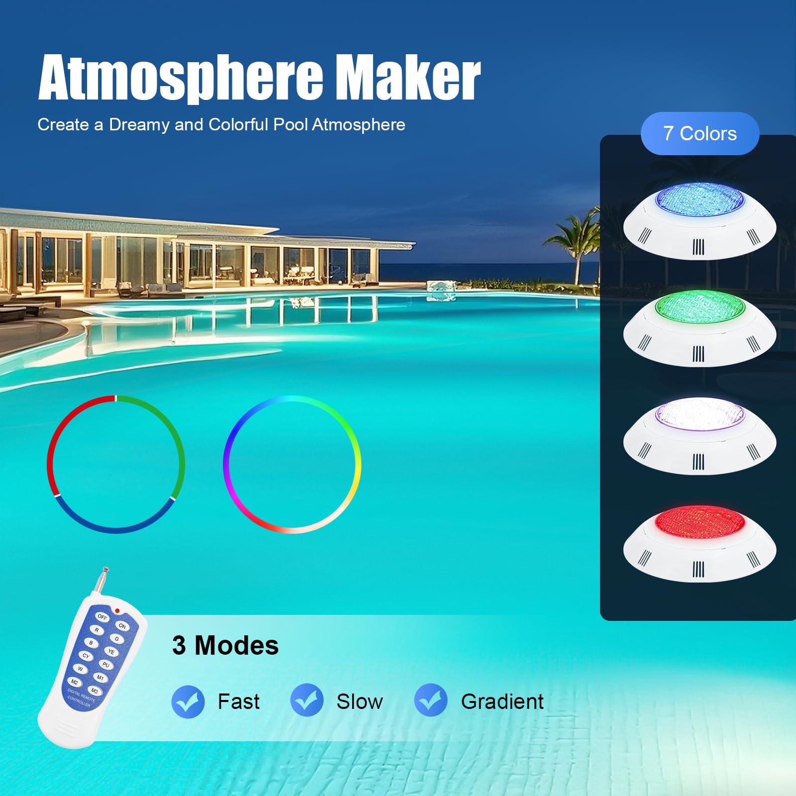 Foco LED subacuático RGB LED para piscina, con mando a distancia, ángulo de haz de 120°, IP68, resistente al agua