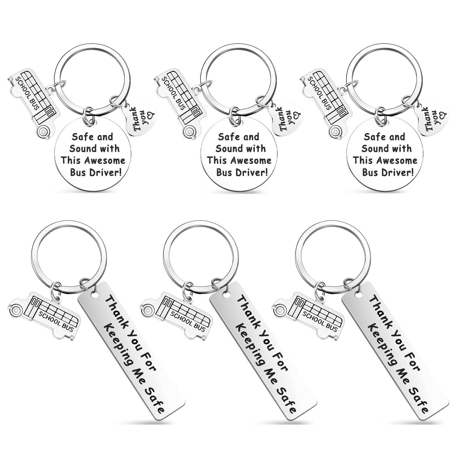 Yinkin 6 Pcs Bus Driver Appreciation Gifts Bulk School Bus Keychain Gifts Stainless Steel Driver Keychain Thank You Accessory Retirement Thanksgiving