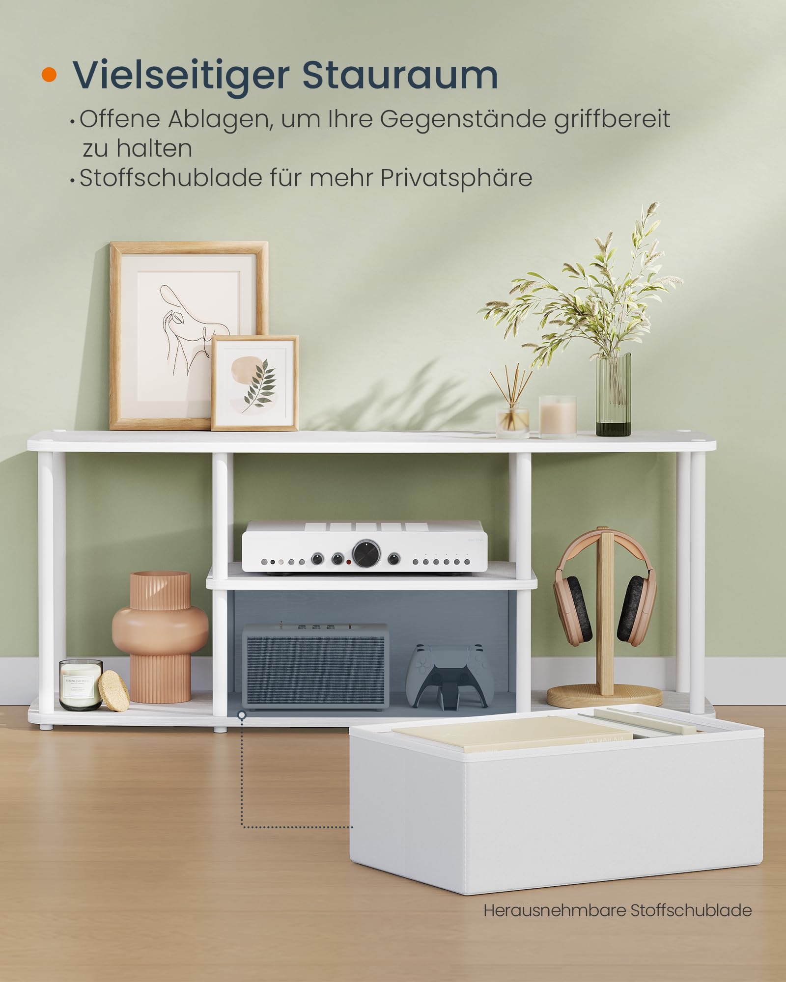 SONGMICS HOME Superschnelle werkzeuglose Montage, TV-Schrank für Fernseher bis zu 50 Zoll, Fernsehtisch, Lowboard, Wohnzimmer, 110 x 35 x 46 cm, Regal, schneeweiß-mattweiß LTV500W01