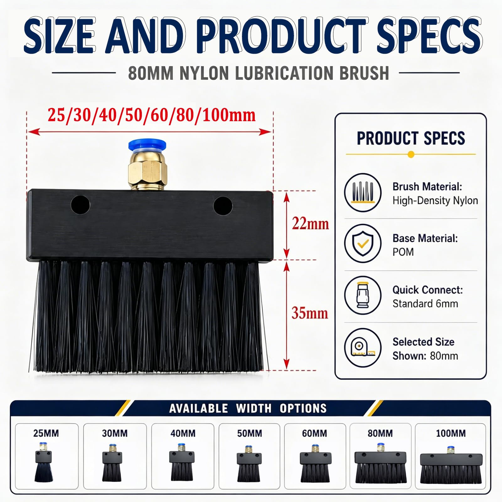 Juego de cepillos de lubricación de cadena industrial, 10 rieles guía aplicadores de aceite de nailon, 25-100 mm para mantenimiento de maquinaria