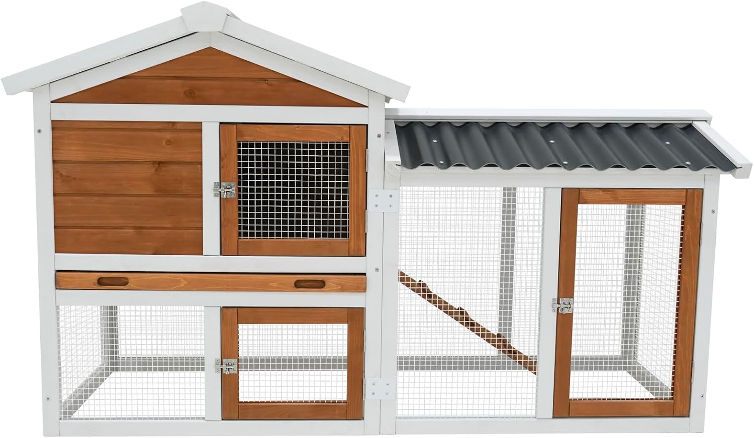 58" Wooden Outdoor Indoor Roof Waterproof Bunny Hutch Rabbit Cage Guinea Pig Coop PET House for Small to Medium Animals with Stairs and Cleaning Tray (Orange-Yellow + White + Solid Wood)
