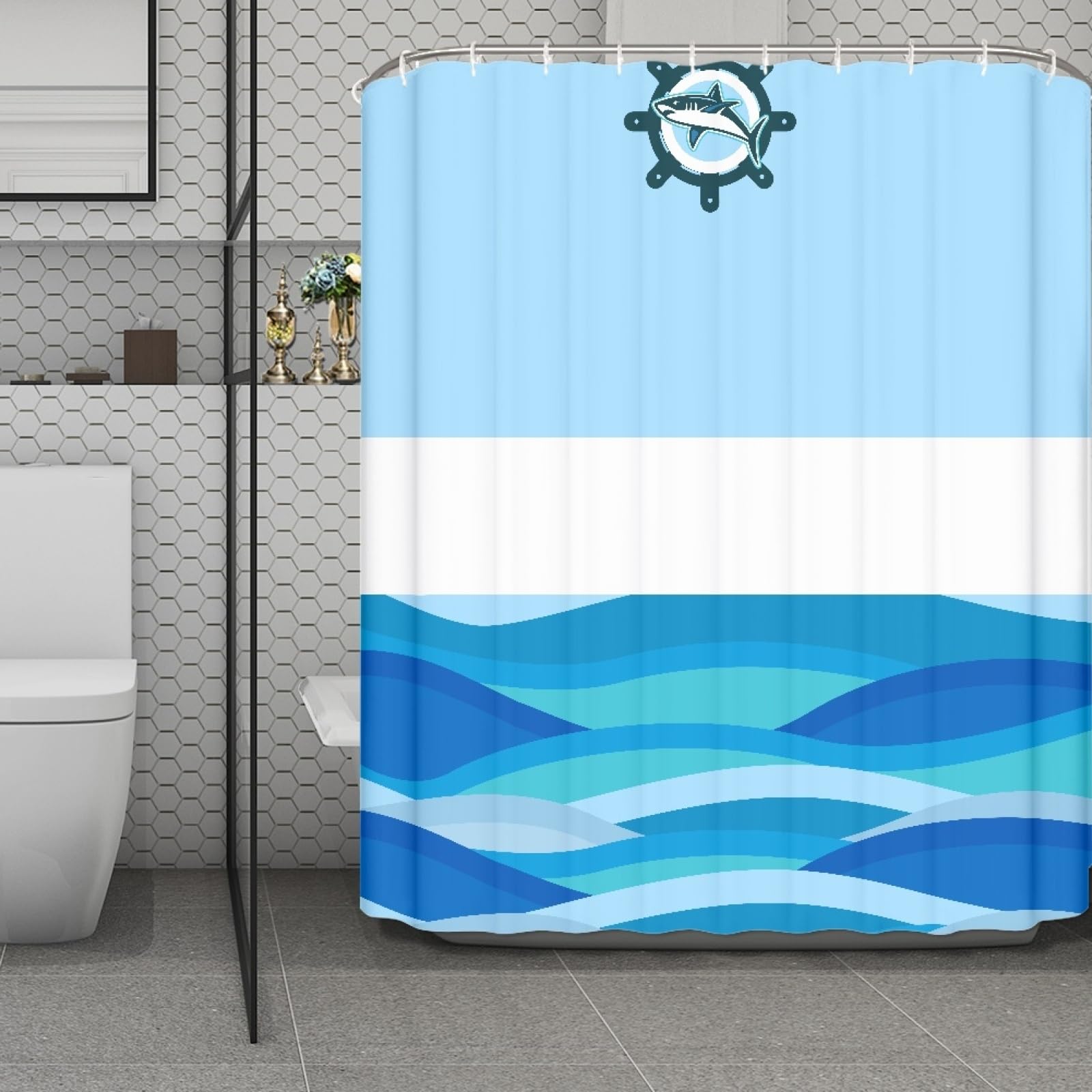 Rideaux de douche tissu polyester bleu clair 180x220 imperméable pour salle de bain