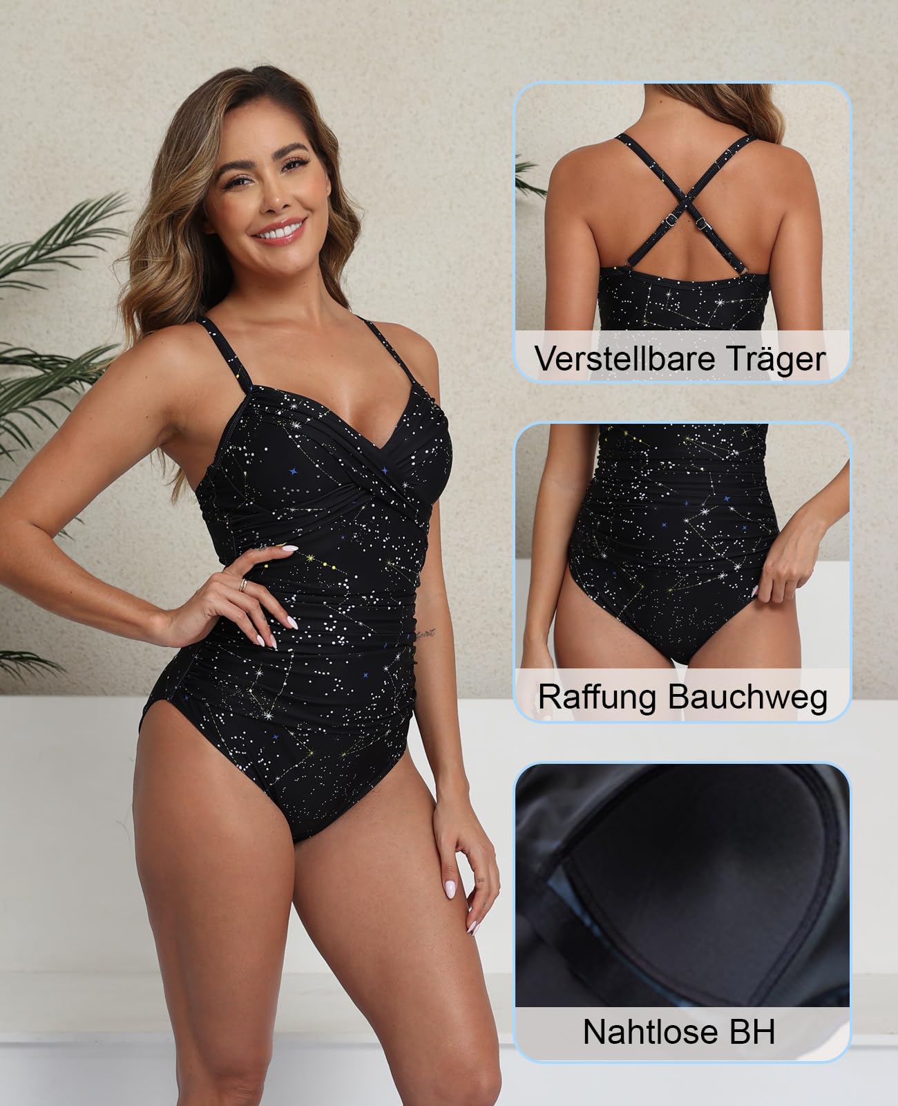Halcurt Badeanzug Damen Bauchweg mit Cups Raffung Badeanzüge S-XXL | V Ausschnitt, Vertellbare Träger, Drehung Push up, Hohe Elastizität, Atmungsaktiv, Schnell Trocknend