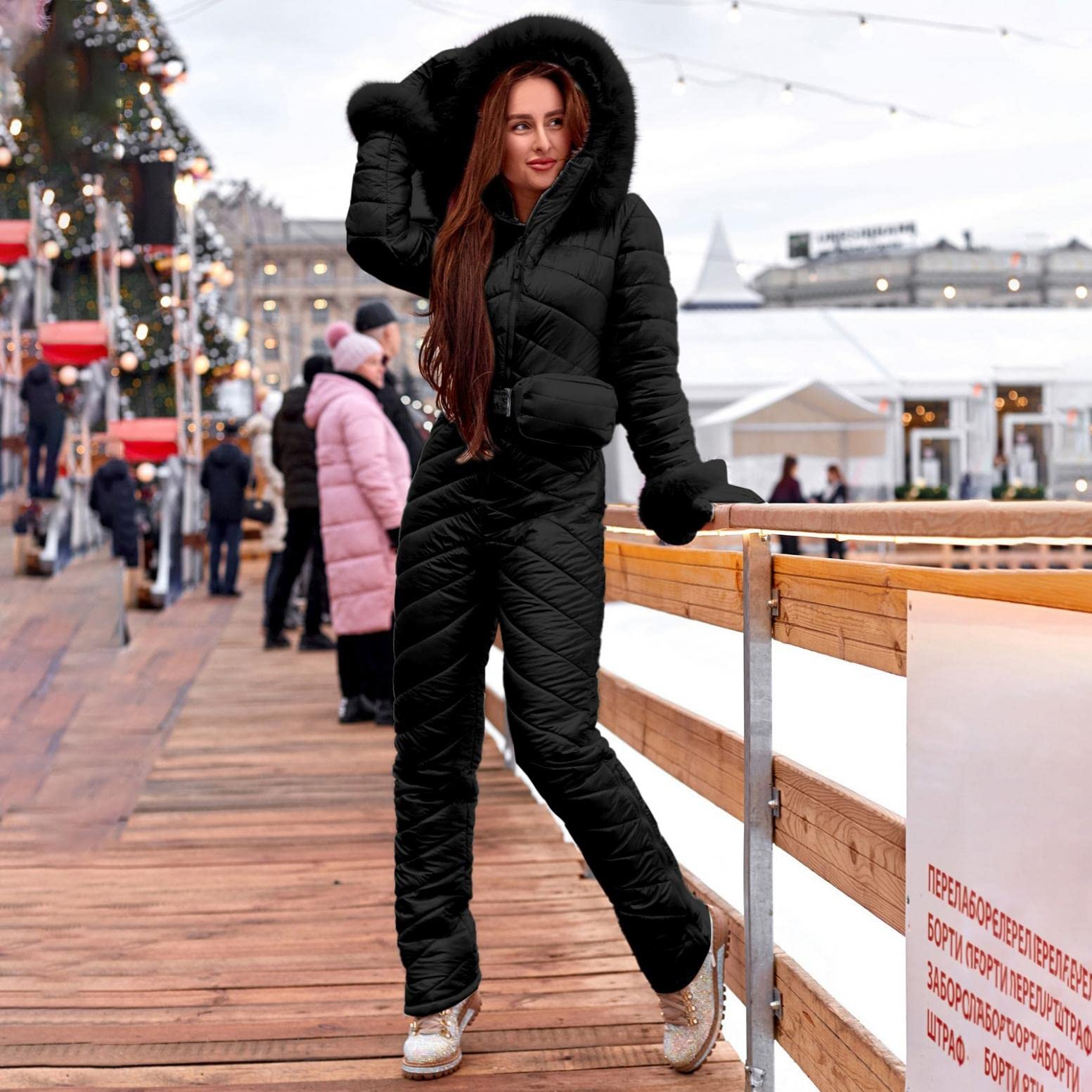 Skianzug Damen Einteiler Wasserdicht Schneeanzug Skifahren Jumpsuit Outdoor Schneeoverall Winter Winddicht Anti-Schnee Overalls Skioverall mit Kapuze Reißverschluss