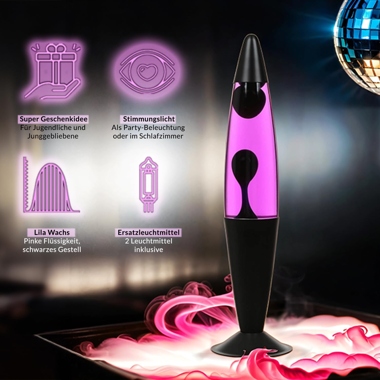 Licht-Erlebnisse Lavalampe Schwarz Lila Pink, Lava Tisch Leuchte, Wohnzimmer, Jugendzimmer, Partykeller, H:42 cm, entspannend, Geschenkidee, Retro Lampe, JENNY