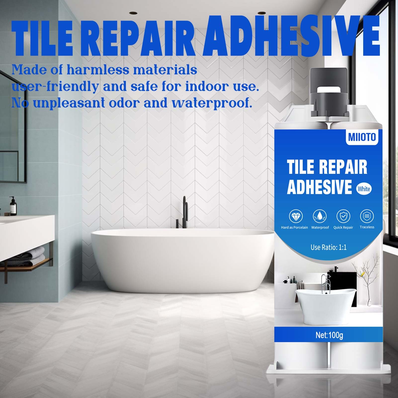 Miioto kit Riparazione Piastrelle Bianco, Ripara Ceramica Lavandino, Stucco per Ceramica, Stucco per Sanitari, Ripara Piastrelle Scheggiate da Bagno per Graffi, Crepe, 100g