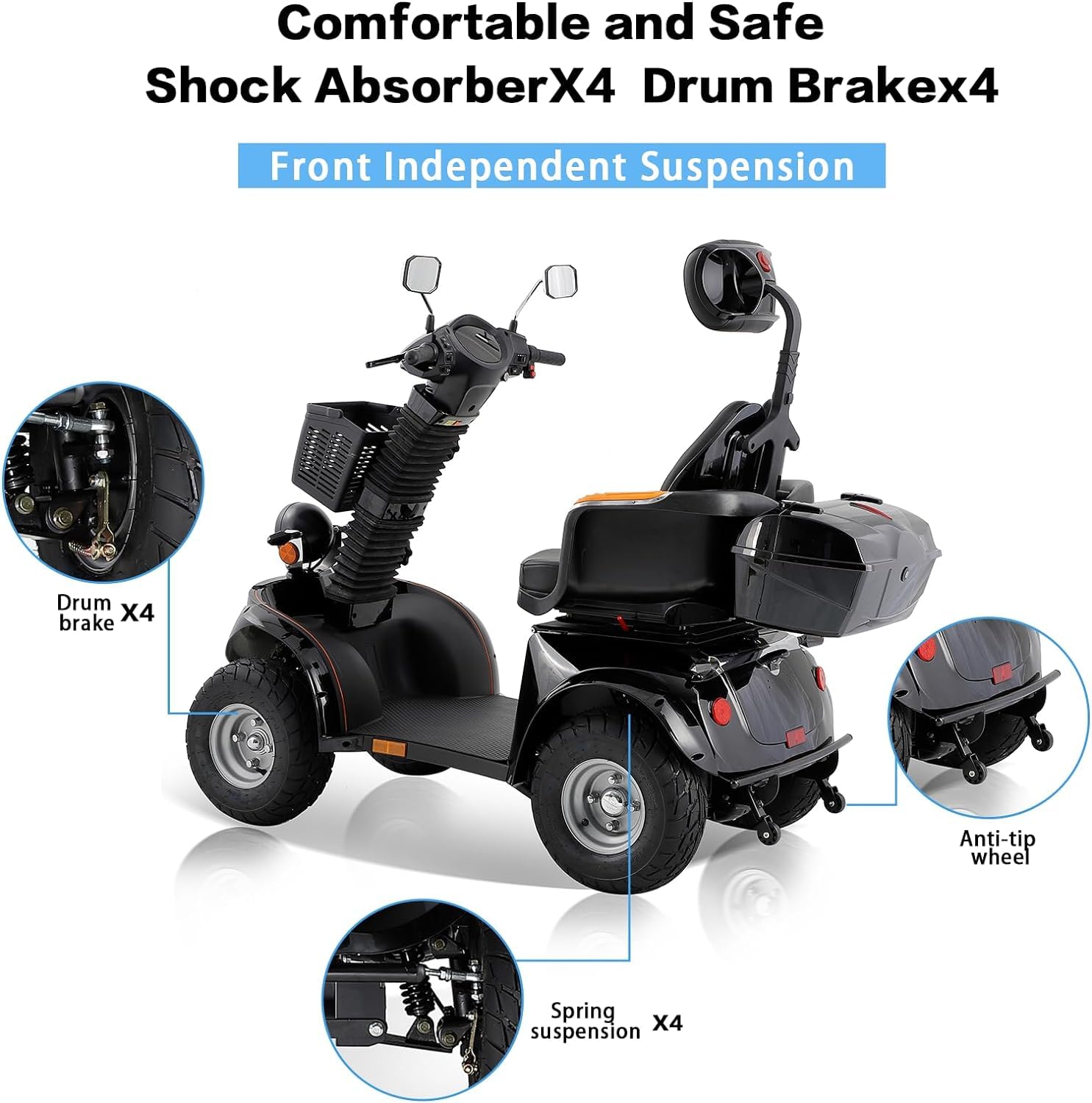 Skuter elektryczny, motorower elektryczny, trwały, 4 koła, 3 prędkości, medyczny elektryczny wózek inwalidzki dla osób starszych i dorosłych, 800 W na każdym terenie, regulowany zagłówek
