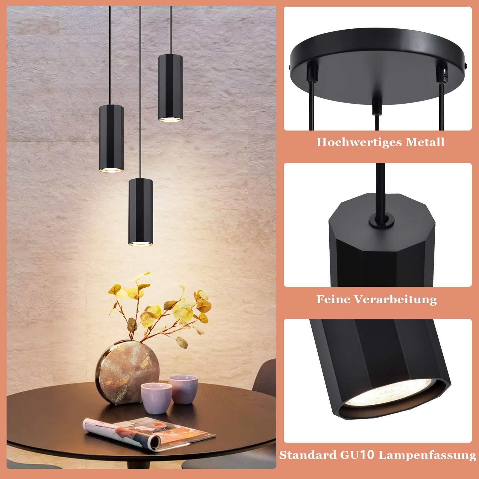 Glitzerlife Pendelleuchte Schwarz 3 Flammig Esstisch - Hängelampe GU10 Hängeleuchte Küche Hänged Esszimmerlampe Metall Höhenverstellbar pendellampe für Innen Esszimmer Schlafzimmer Wohnzimmer