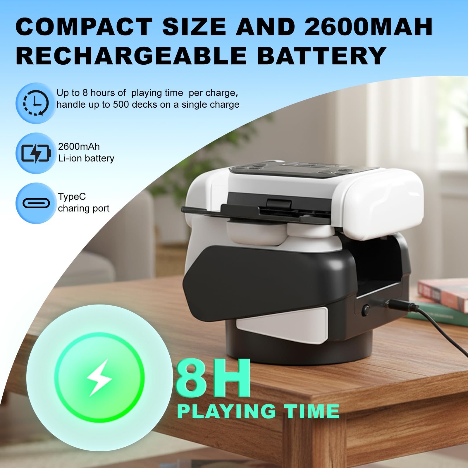 Kartenmischmaschine und Austeiler, Automatische Kartenmischer und Kartensender für 1–8 Spieler, 360° Drehung für 1–2 Decks, Wiederaufladbar, Leise Kartengeber Elektrisch Drehbar für UNO, Texas Hold'em