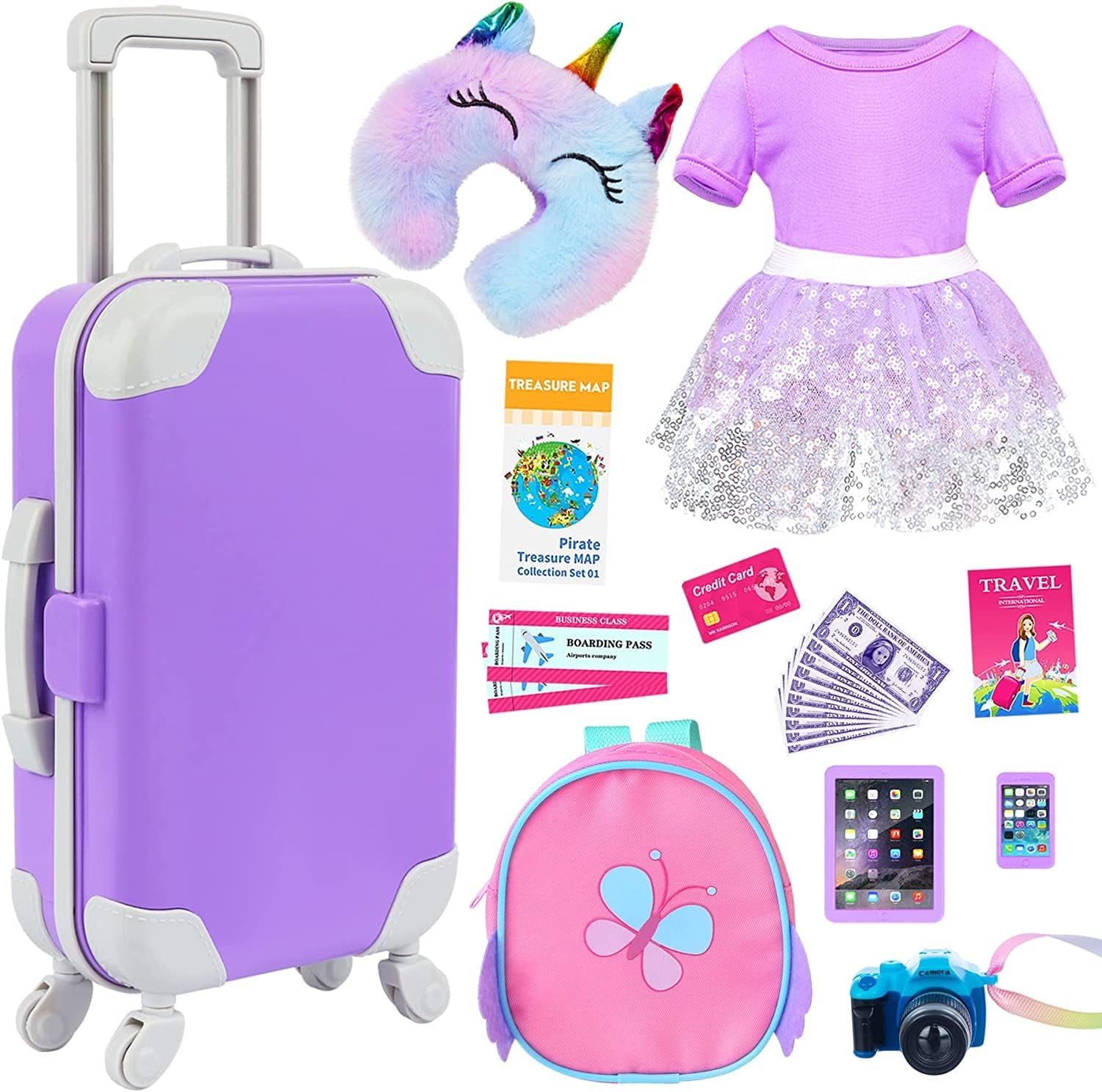 ZITA ELEMENT 16 pcs Doll Accessories Suitcase Travel Luggage for 18 Inch Doll Travel Carrier,Sunglasses Camera Computer Phone Pad Pillow Blindfold Passport Ticket Cash(Doll Not Included)
