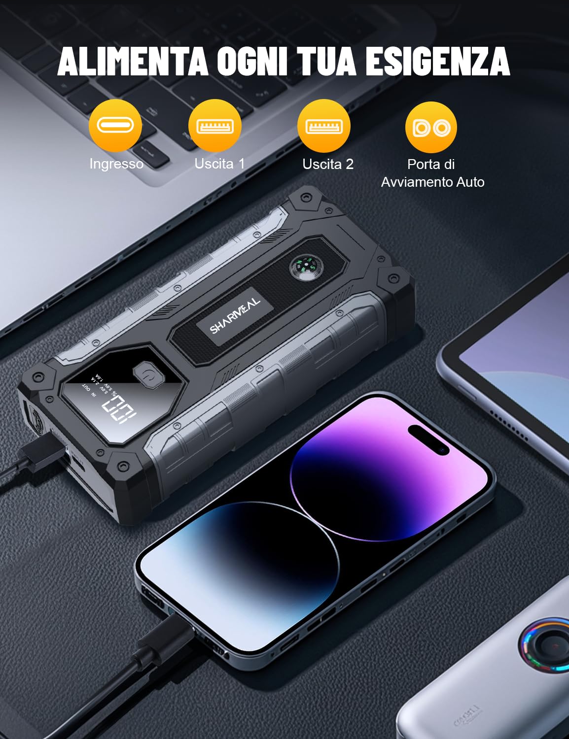 SHARMEAL Avviatore Batteria Auto 10000A, Avviatore di Emergenza per Auto per Motori Tutti Benzina e 10.0L Diesel, Portatile 12V Booster Avviamento con Torcia, Cavo di Avviamento, Ricarica USB