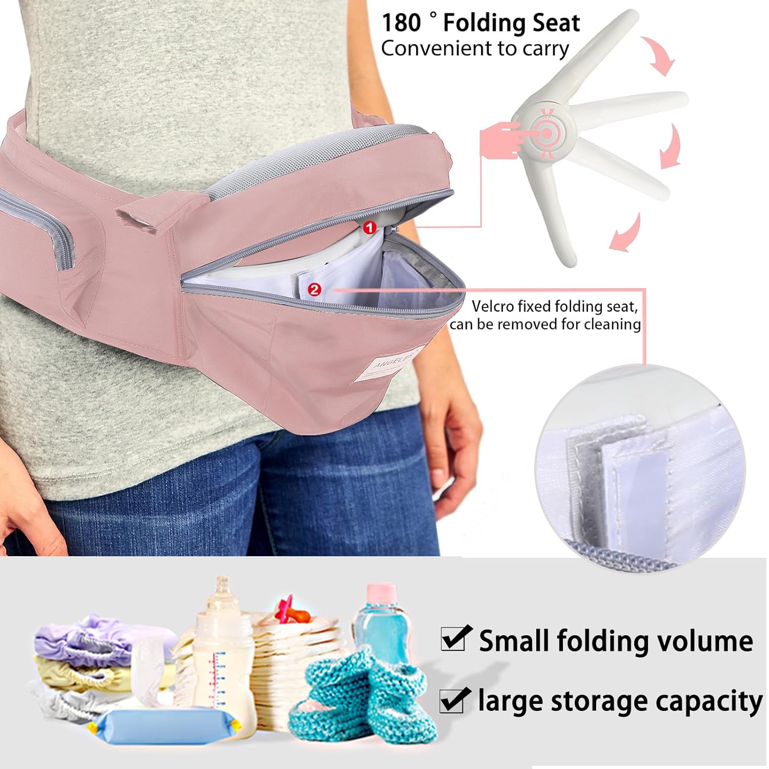 Baby Hip Carrier with Foldable Seat 180゜ Up-Down for Infant,Adjustable Straps Also as Waistband Extender,Huge Pockets,Ergonomic Waist Stool for Newborn to Toddlers Gift All-Seasons (Pink)