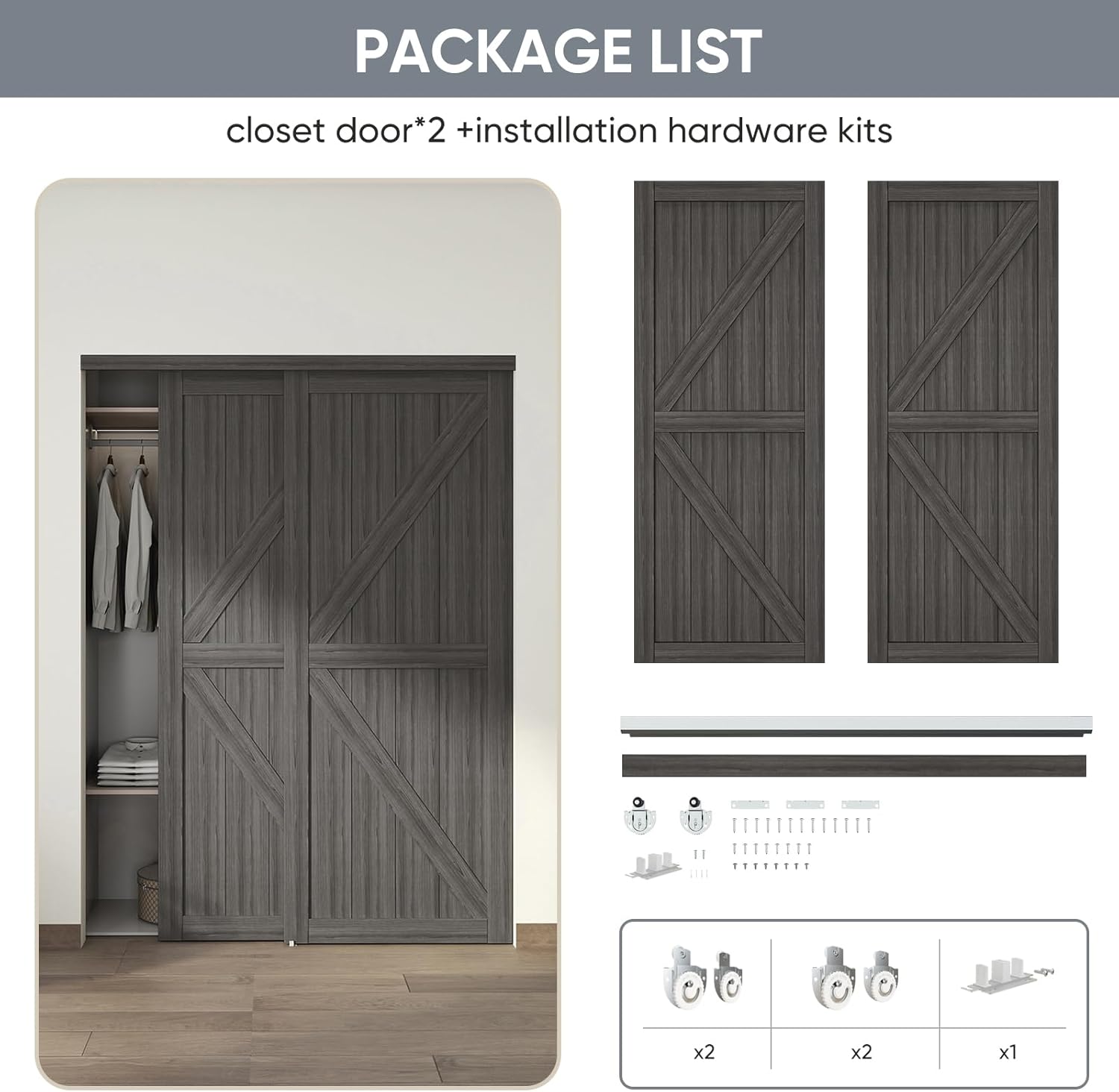JUBEST 60"(Double 31") x80 Sliding Closet Door, K Style Bypass Closet Door with Hardware Kit & Matching Fascia, Preassembled Solid Wood Slab with Water-Proof PVC Surface, Easy to Install, Gray