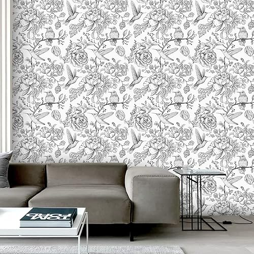 Miniatura 9 de Papel pintado vintage en blanco y negro floral de despegar y pegar - Flores, colibríes, mariposas - Extraíble 17.7"x118.1"