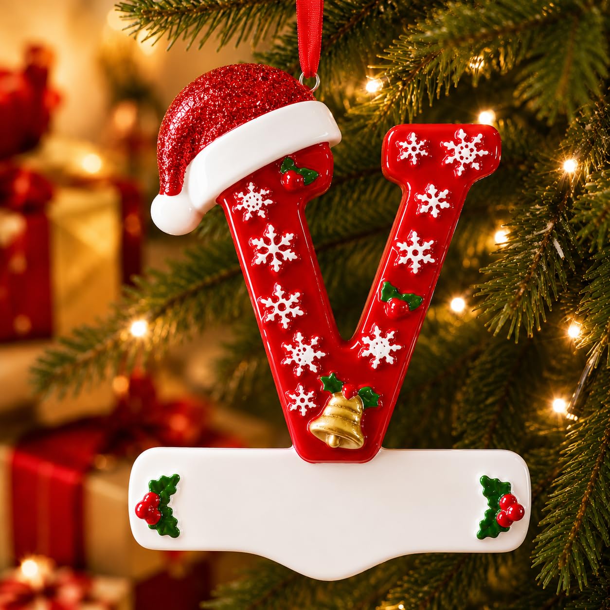Bemaystar 3D Resin Letter Christmas Ornaments, Hand Painted Initial Christmas Tree Ornaments, Premium Holiday Decoration for Family Christmas Tree Decor, Ornaments for Christmas Tree, V