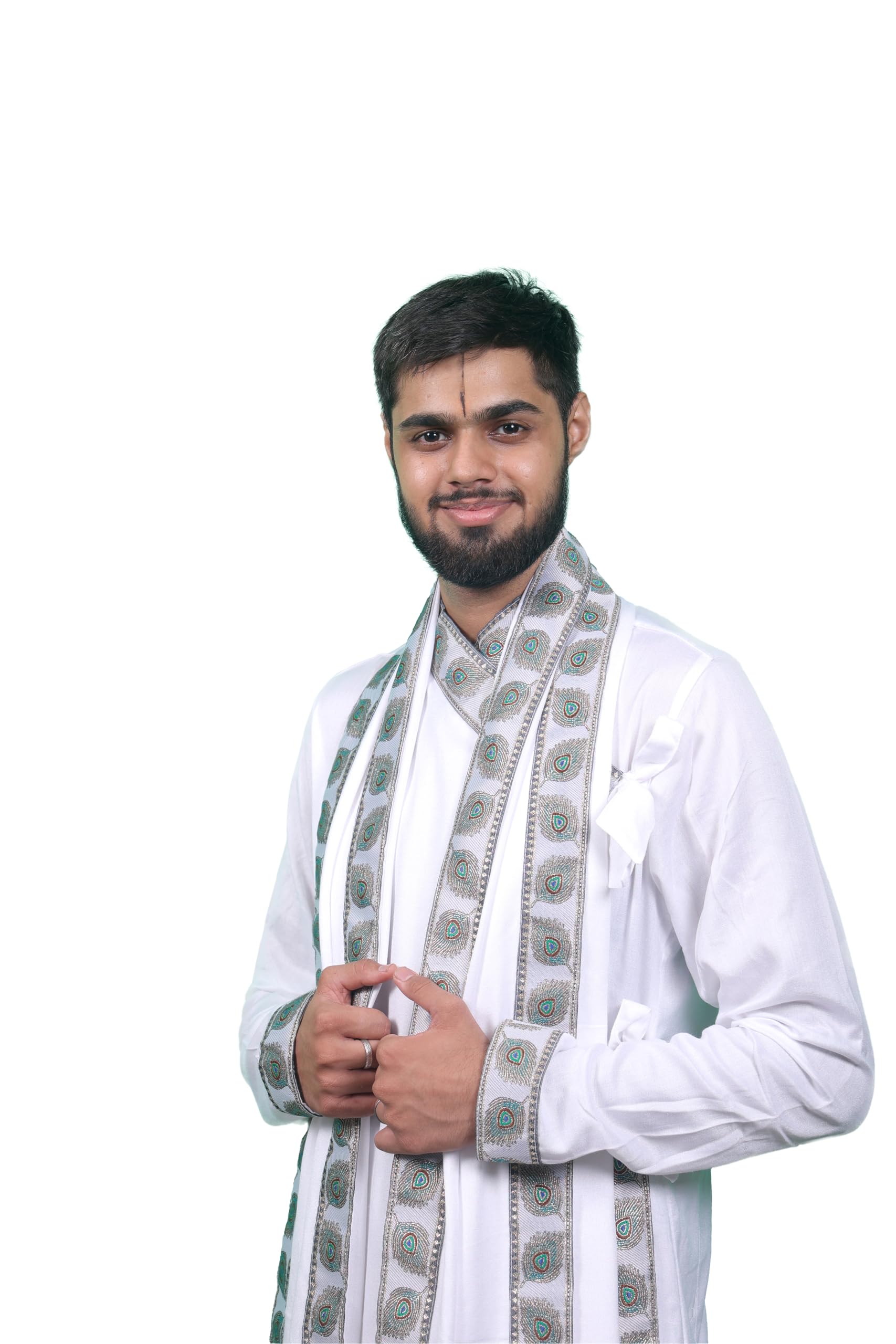 dharniya men Traditional Bagalbandhi Dhoti Set (mor pankh) bhagalpuri (rayon) kurta dhoti set (White)-picture-11