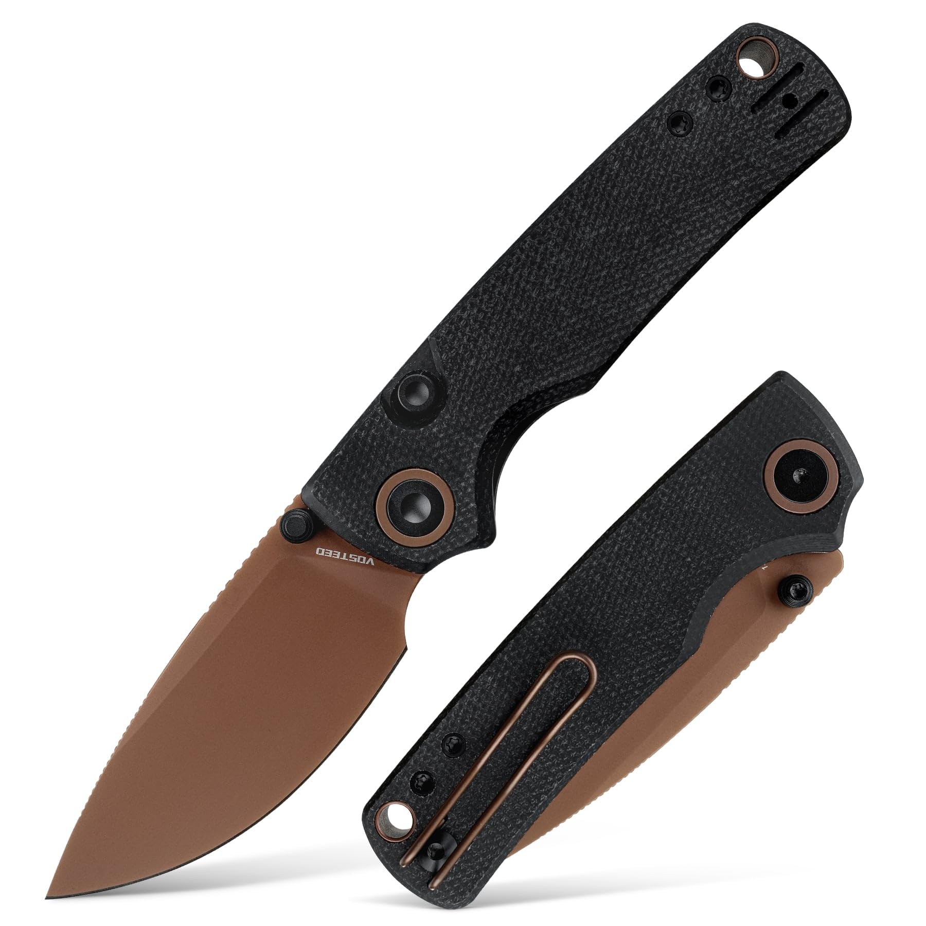 Vosteed Porcupine EDC Pocket Knife - 2.99" 14C28N Copper Dune Blade - Top Liner Lock, Black Micarta Handle - Camping, Hiking Knives - A2610