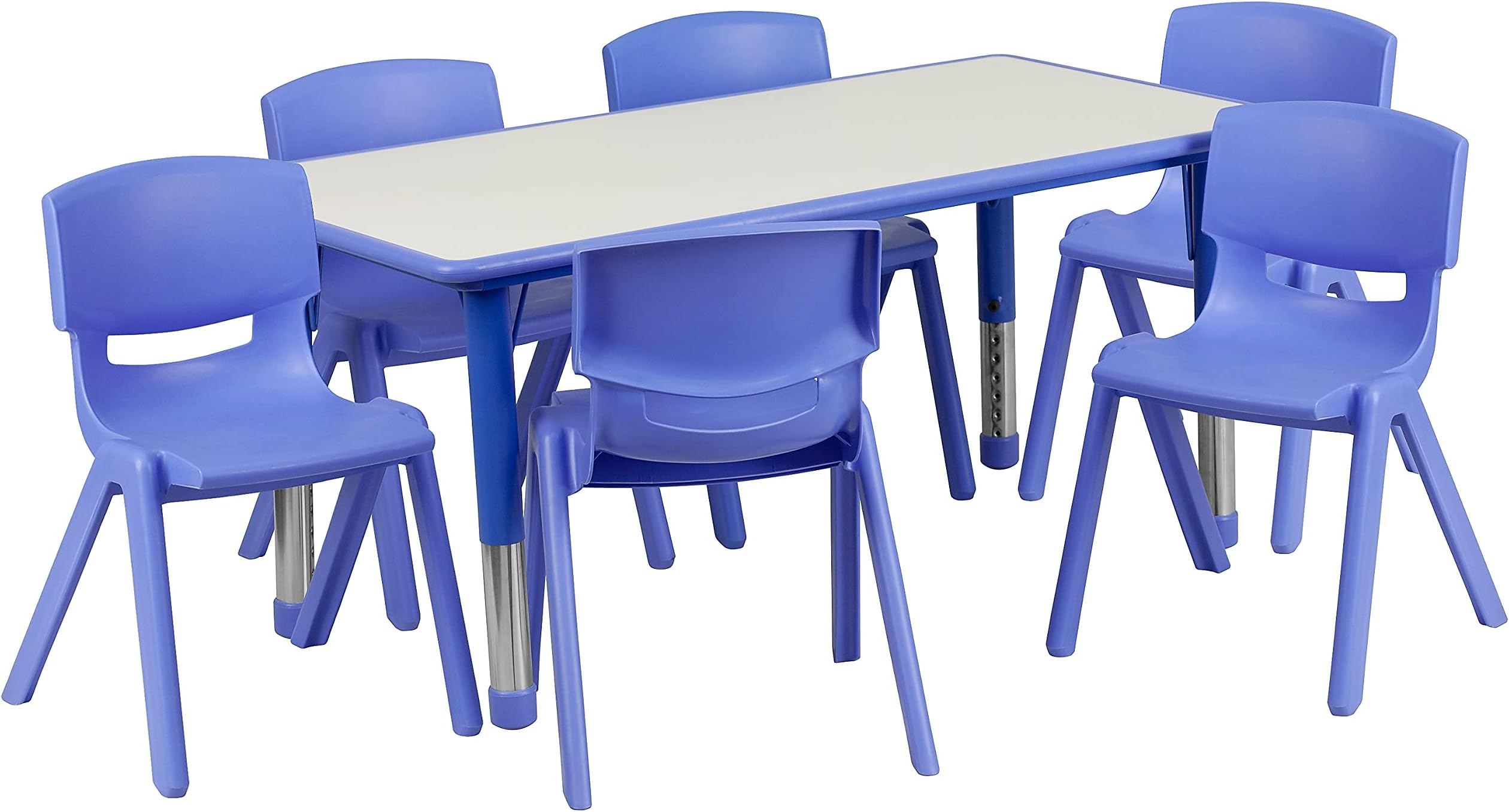 Emmy Adjustable Classroom Activity Table with 6 Stackable Chairs, Plastic Activity Table for Kids, 23.625" W x 47.25" L, Blue/Gray