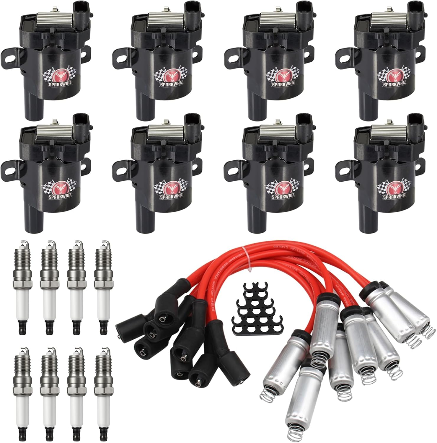 D585 UF262 Round Ignition Coils with Spark Plugs & Wires for Chevy SUVs