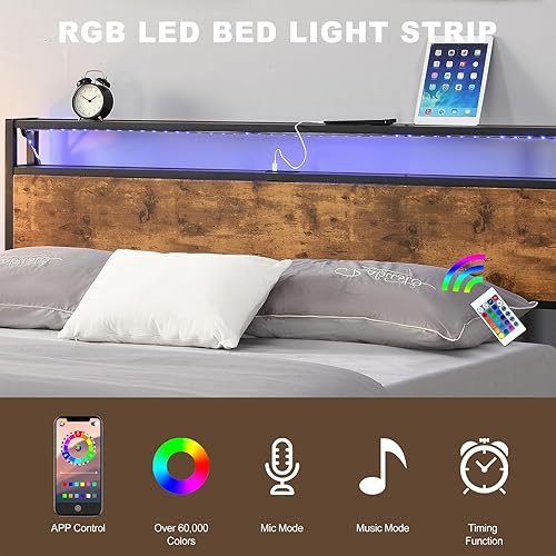 Miniatura 5 de SUNSHNO Base de cama Queen con luces LED y 2 puertos USB, marco de cama LED de plataforma de metal con cabecera de almacenamiento, no necesita
