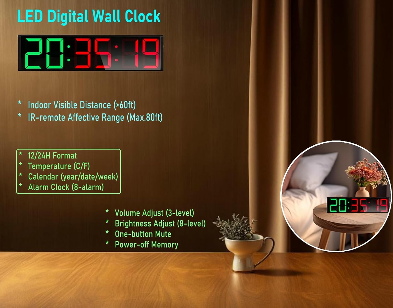 26'' Extra Large Home GYM Timer Clock, Programable Workout Interval Timer, Digital Wall Clock, with 7-color Night Light, 8 Alarm Clock, Calendar/Temperature, Countdown & Stopwatch (Green & Red)