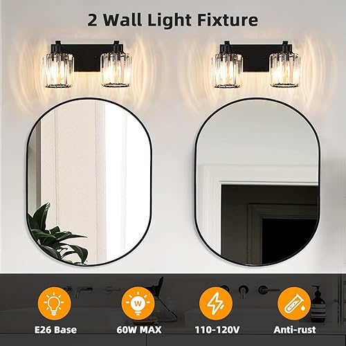 Miniatura 6 de 2 luces de cristal para tocador de baño, moderna lámpara de baño negra sobre espejo, luces de tocador para dormitorio, baño, pasillo, base E26