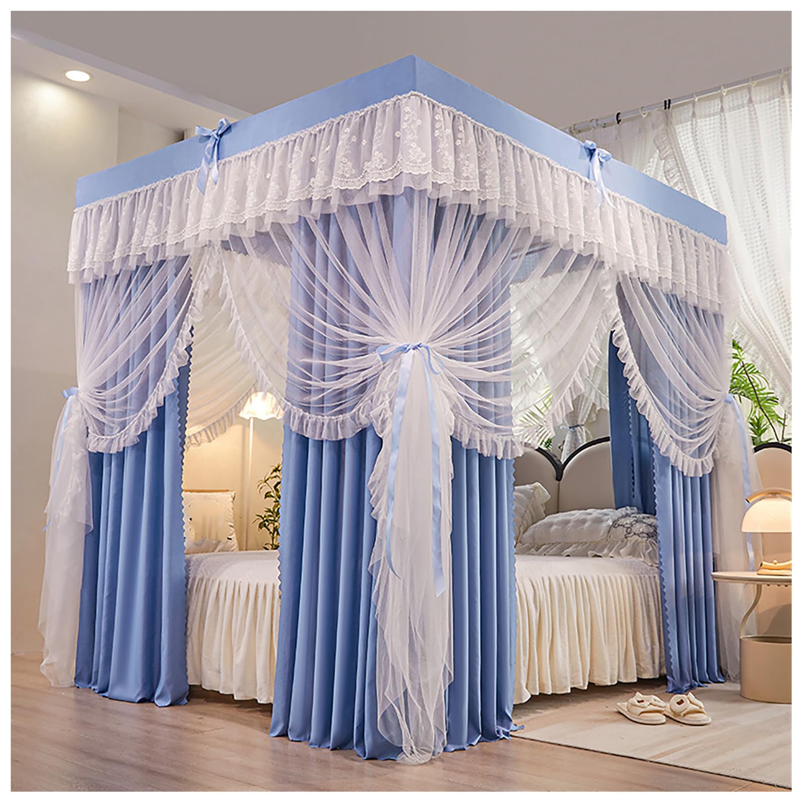 DOUZIO 4 Poster Bed Canopy with Frame – Princess Canopy for Girls Bedroom Decor, Mosquito Net Bed Canopy Set with Curtains, Fits Double/King/Super King Size Bed(Size:150×200cm,Color:Blue)