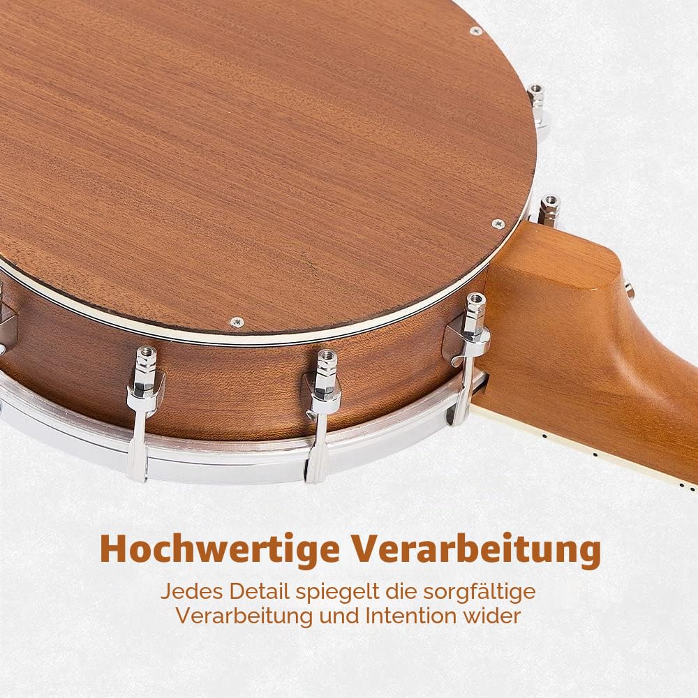 Banjolele, 4-saitig, Mulucky-Konzertgröße, 23 Zoll, Banjo-Ukulele, geschlossene Rückseite aus Massivholz, Anfänger-Set mit Halsstab, Gigbag, Stimmgerät, Saitengurt, Plektren – BU8017
