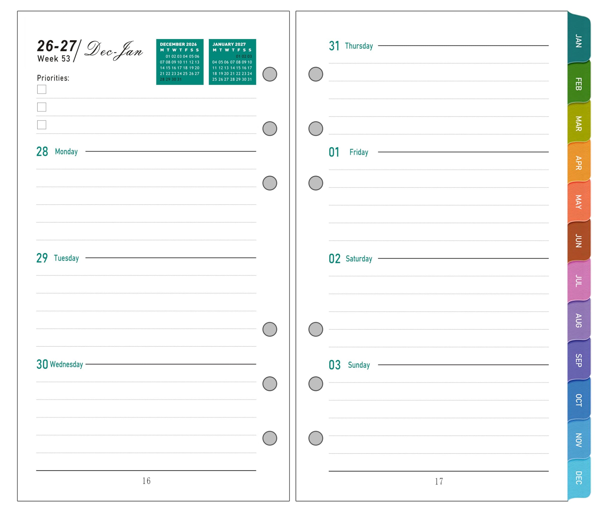2027 Personal Week to View Refill, Jan–Dec 2027, 1 Week on 2 Pages, Laminated Monthly Tabs, UK Holidays, Weekly Planner Inserts
