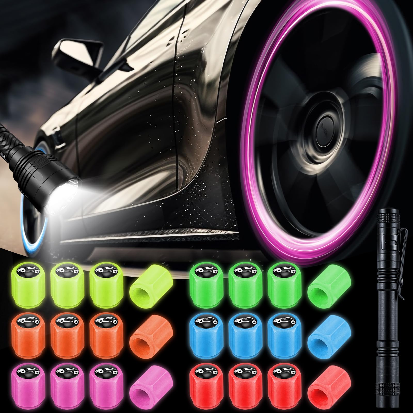 Datanly 24 Pcs Fluorescent Tire Valve Cap Glow in The Dark Valve Stem Cap Luminous Skull Car Tire Cap with Mini Flashlight for Bike SUV Motorcycle Accessories, 6 Colors(Car Style)
