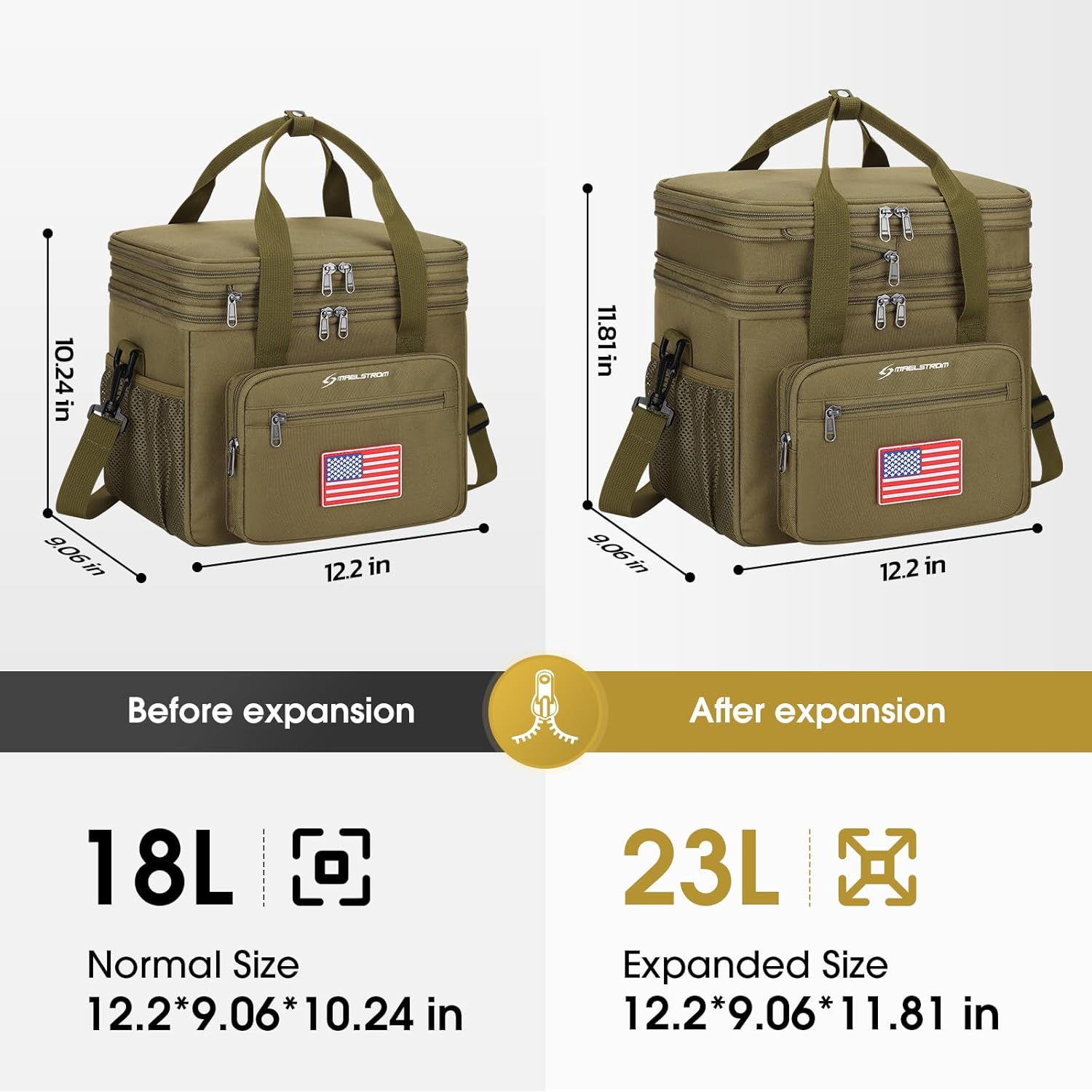 Maelstrom Lunch Box, 23L Insulated Lunch Bag, Expandable Double Deck Cooler Bag, Lightweight Leakproof Tote Bag With Side Tissue Pocket, Suit For Men and Women (H Khaki with DIY Hook-and-Loop)