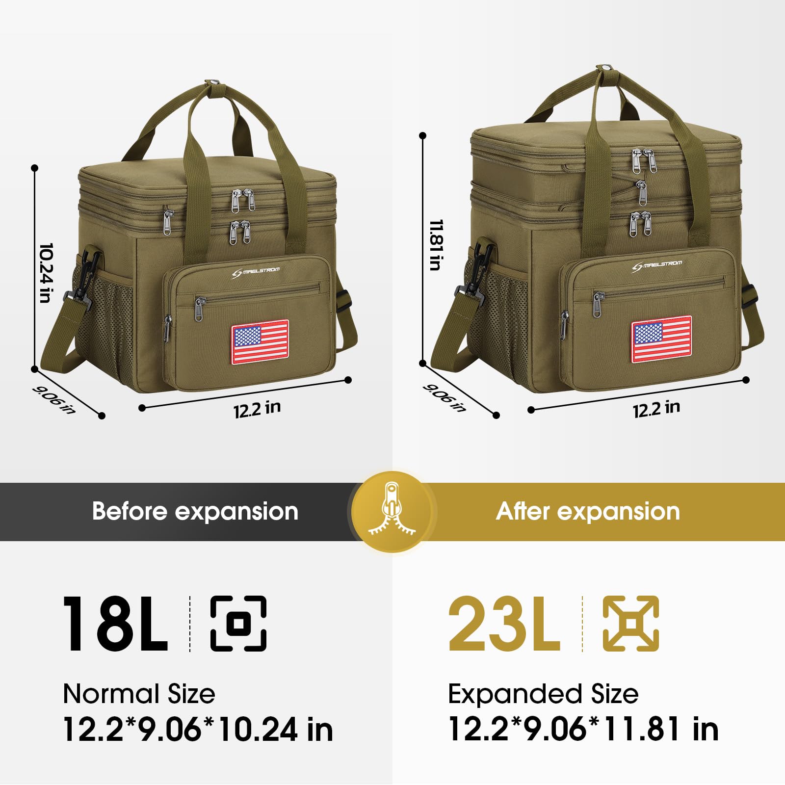 Maelstrom Borsa termica per il pranzo tattico da uomo, 23 l, borsa termica espandibile, leggera a tenuta stagna, con tasca laterale in tessuto, adatta per uomini e donne, cachi