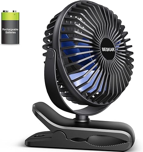 BESKAR - Ventilador de escritorio USB, recargable, con clip, abrazadera, 4 velocidades y potente flujo de aire, pequeño, a batería, para carrito de