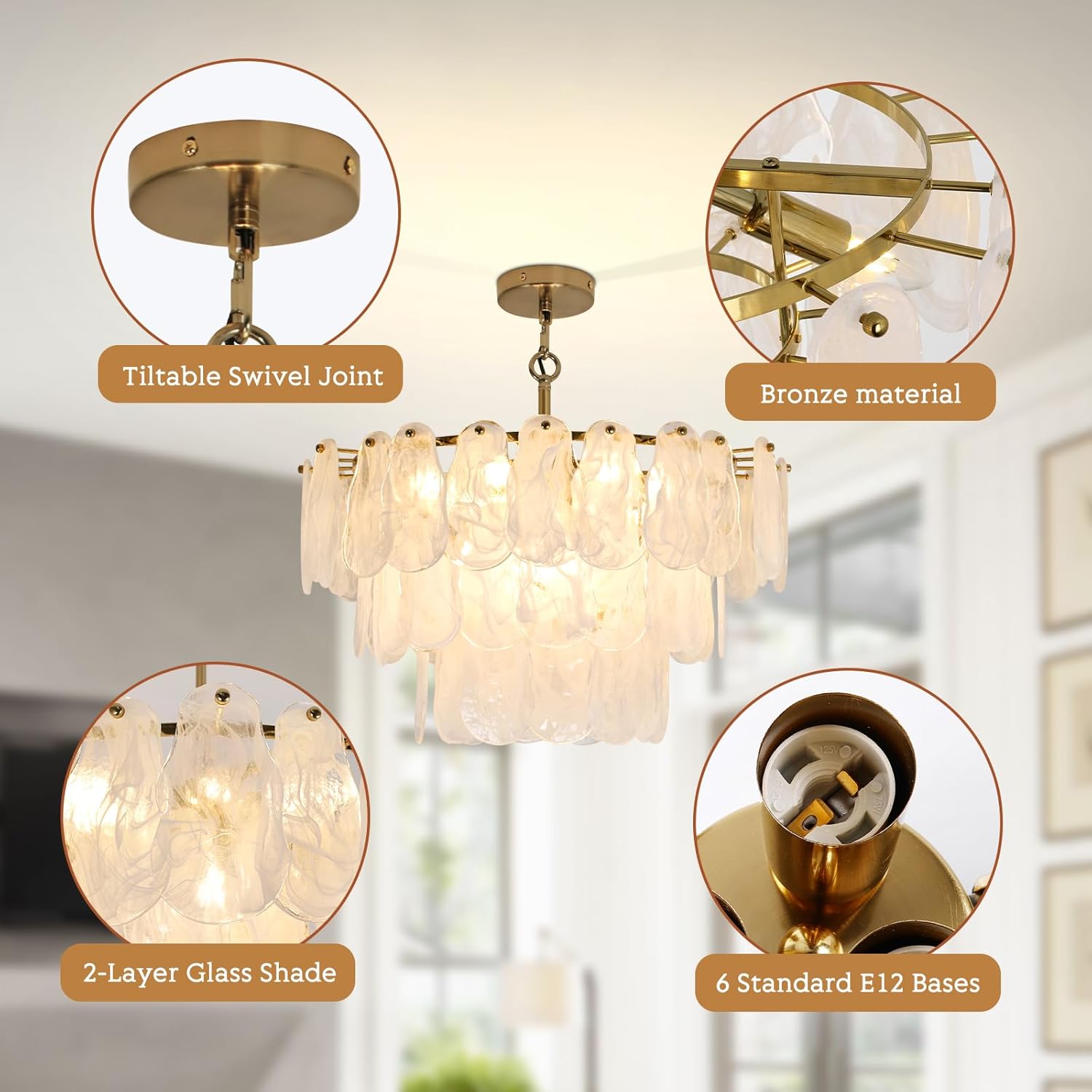 Modern Gold Glass Chandeliers, 23.6" Luxury Cloud Pendant Light Fixture, 3-Layer Round Ceiling Hanging Light Fixture for Bedroom Dining Room Kitchen Island Living Room Entryway Bar Farmhouse 9-Light
