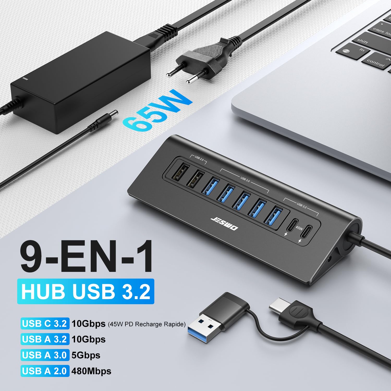 JESWO 65W Hub USB C Alimentato 9 Porte Alluminio Hub USB 3.2 10Gbps(USB A+C