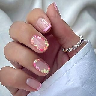 French Press on Nails Short Square Fake Nails With Cute Flower Designs Pink French Tip Glue on Nails Glossy False Nails Press ons Full Cover Acrylic Stick on Nails for Women 24 Pcs