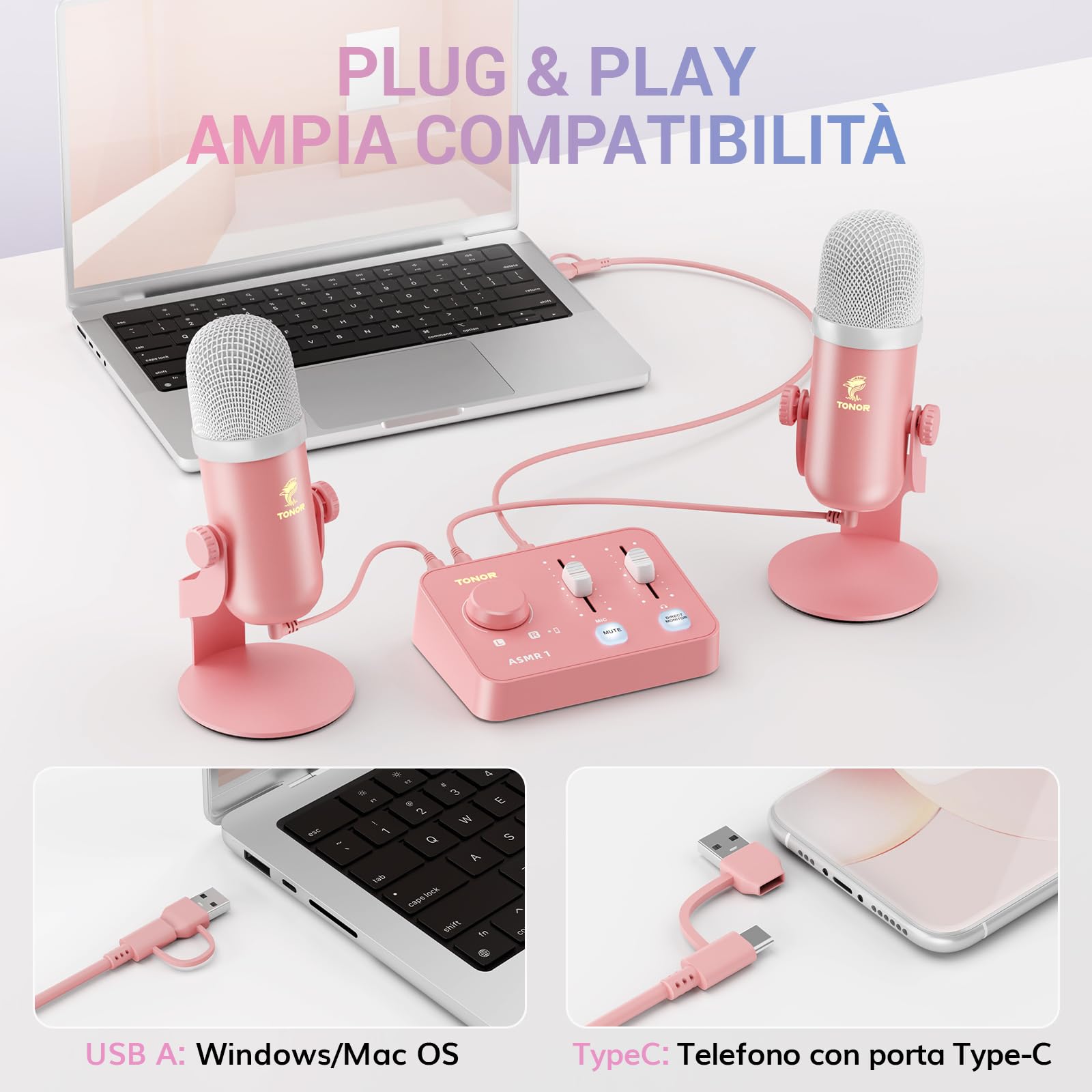 TONOR Microfono ASMR Equipment Bundle, Microfono a Doppio Condensatore con Interfaccia Audio, Audio 3D Immersivo, Suono Nitido, Controllo del Volume, Set per ASMR, Podcast, Registrazione, Rosa
