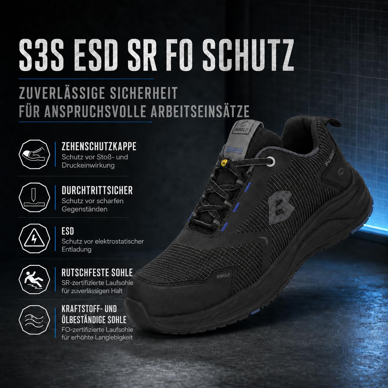 BWOLF Turbo REF S3S Sicherheitsschuhe Unisex – Leichte Arbeitsschuhe mit Komposit-Zehenkappe, metallfreiem Durchtrittschutz, ESD, SR und FO