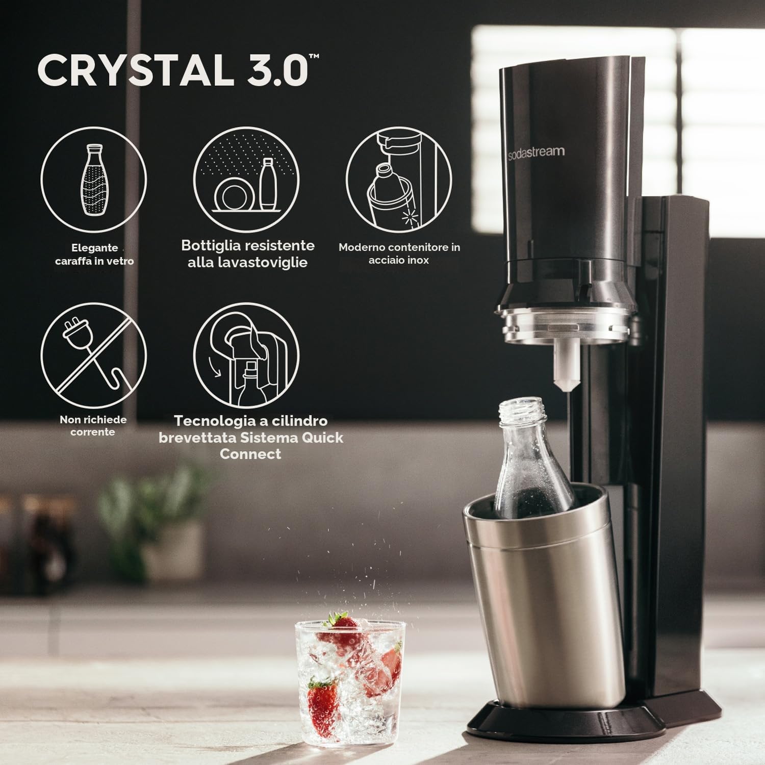 Sodastream Crystal Nero, Gasatore d'acqua frizzante utilizzare solo bottiglie di vetro Sodastream, inclusa bombola Co2 alimentare e bottiglia di vetro da 1 litro