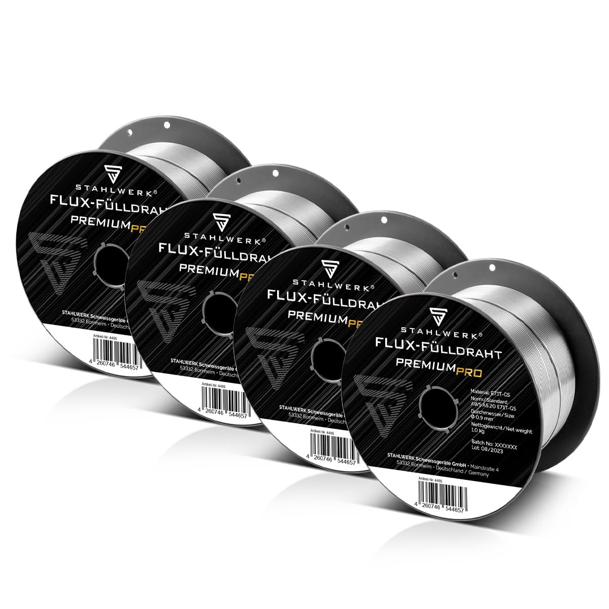 STAHLWERK FLUX Fil animé Ø 0,​9 mm Set de 4 E71T-​GS - chaque bobine de 1 kg D100 pour mandrin de 16 mm, utilisation universelle, fil d'apport autoprotégé pour le soudage sans gaz, adapté à de nombreux